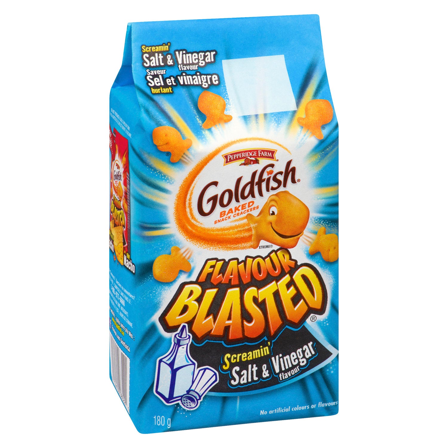 Front of Pepperidge Farm Goldfish Crackers Screamin' Salt & Vinegar Flavour bag showing vibrant blue packaging, goldfish logo, and 180g quantity.