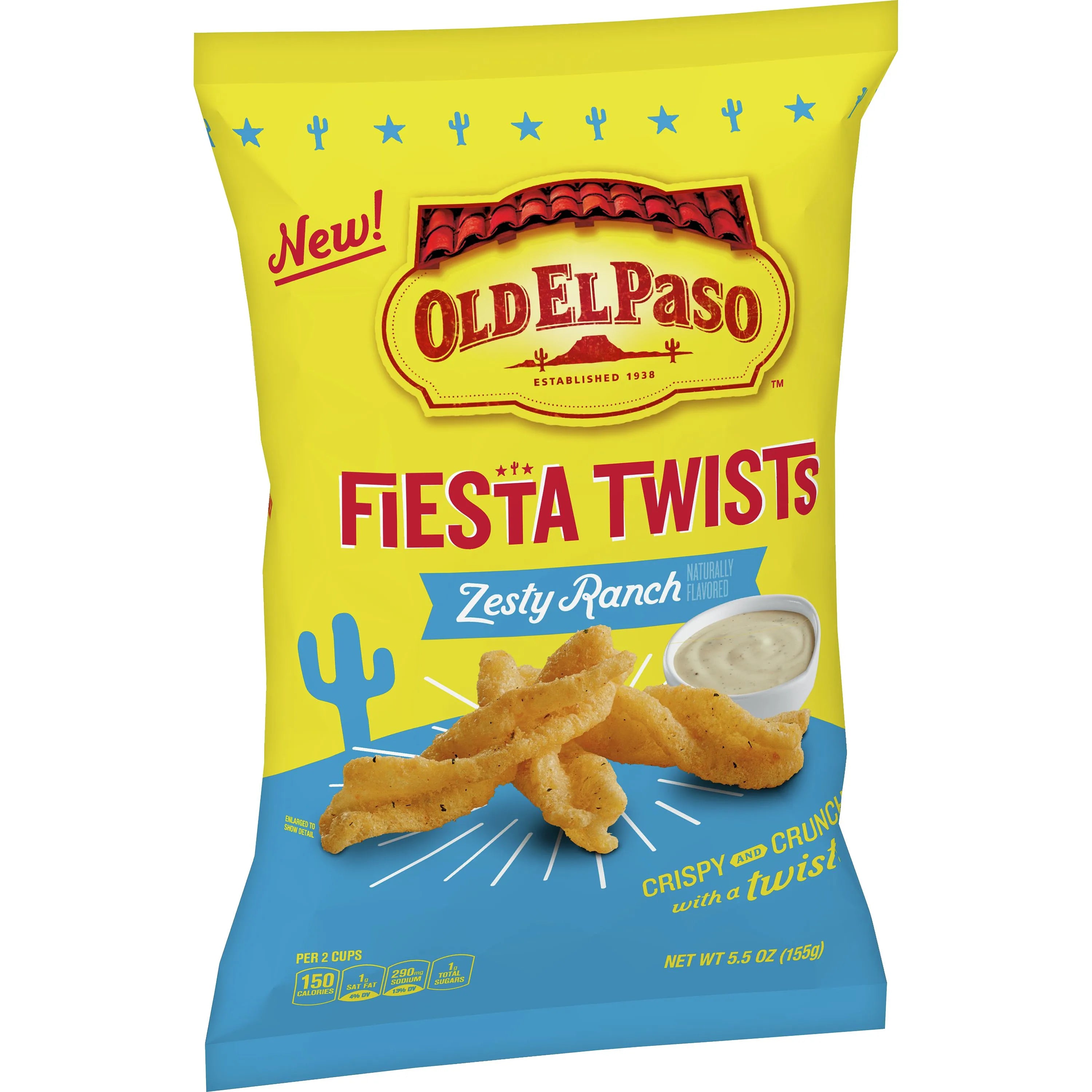 Front of Old El Paso Zesty Ranch Fiesta Twist bag showing zesty ranch flavour and crispy twists (57g pack)