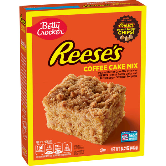 Front of Betty Crocker Reese's Peanut Butter Coffee Cake Mix box showing logo, flavour details with peanut butter chips, and cake mix pack size (402g)