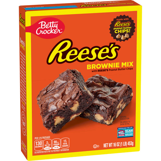 Front of Betty Crocker Reese's Peanut Butter Brownie Mix box featuring the logo, brownie image, and details about Reese's Peanut Butter chips (453g pack)