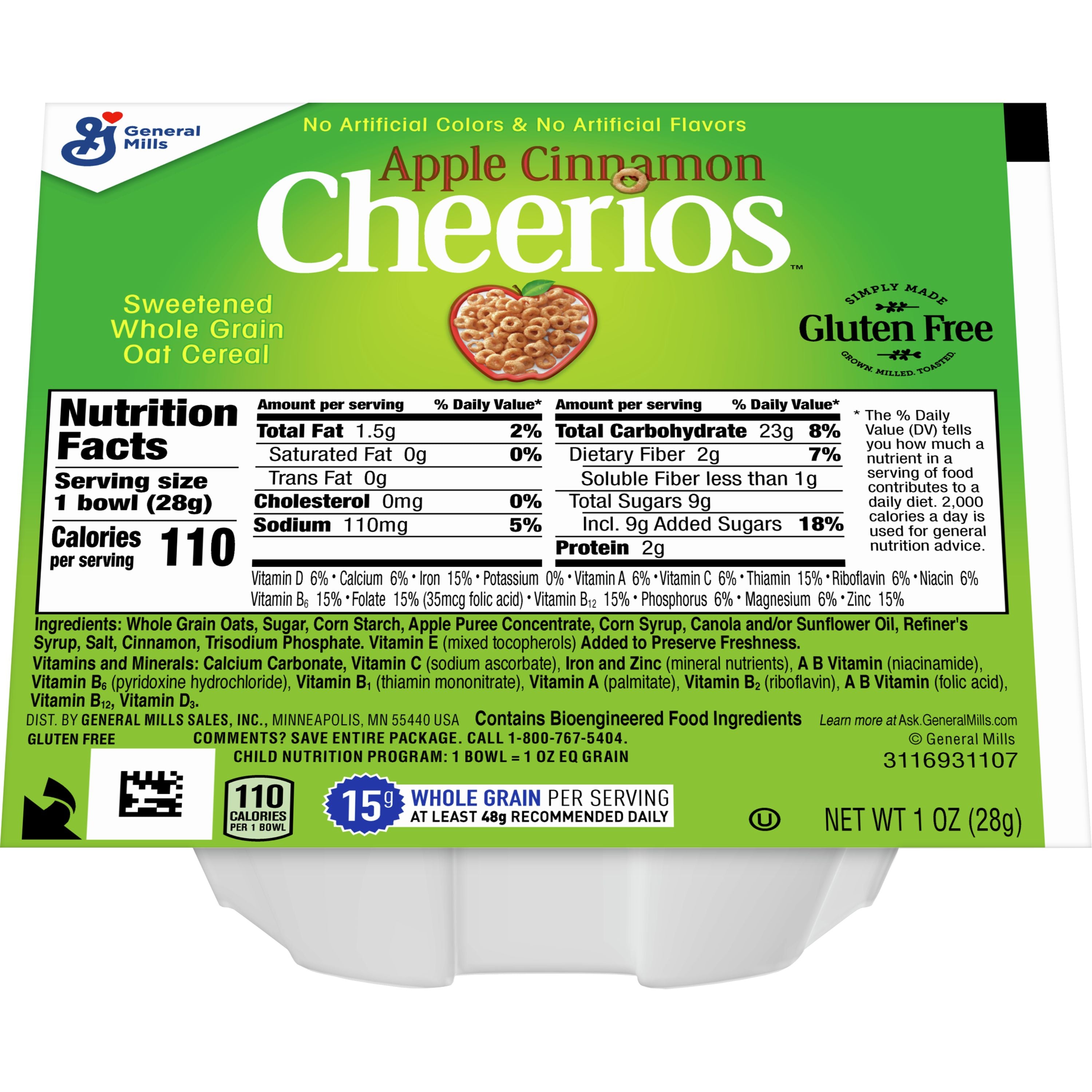 Front of Cheerios Apple Cinnamon Cereal Cup showing logo, apple cinnamon flavour label, and 28g serving details