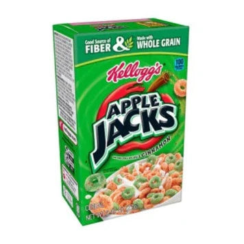 Front of Kellogg's Apple Jacks Cereal box featuring logo, apple and cinnamon flavour label, and colourful cereal pieces (27g pack)
