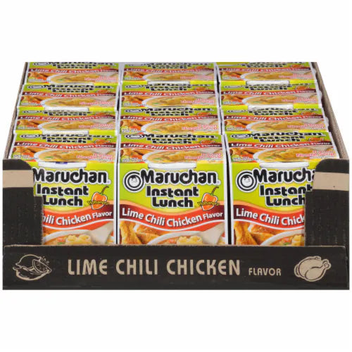 Front of Maruchan Lime Chili Chicken Instant Lunch Ramen Noodles showing brand logo, flavour details, and 12 pack (12 x 64g)