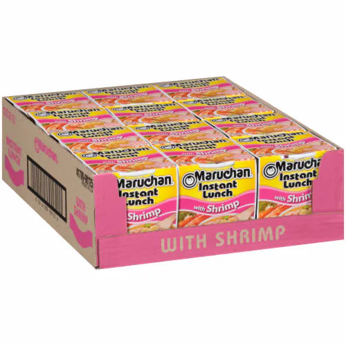 Front of Maruchan Shrimp Flavour Instant Lunch Ramen Noodles pack showing bright packaging with shrimp flavour label and 64g size (12 pack)