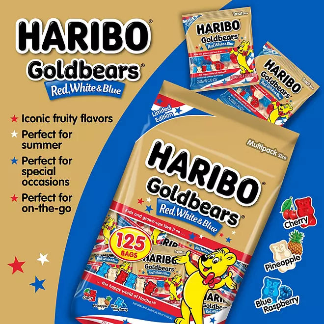 Front of Haribo Goldbears Red, White & Blue Treat Sized Bags (11g) showing bright colours, iconic gummy bears, and limited edition labelling.