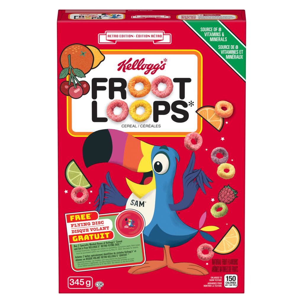 Front of Kellogg's Froot Loops (Retro Limited Edition) box showing colourful cereal, playful toucan mascot Sam, and 345g pack size.
