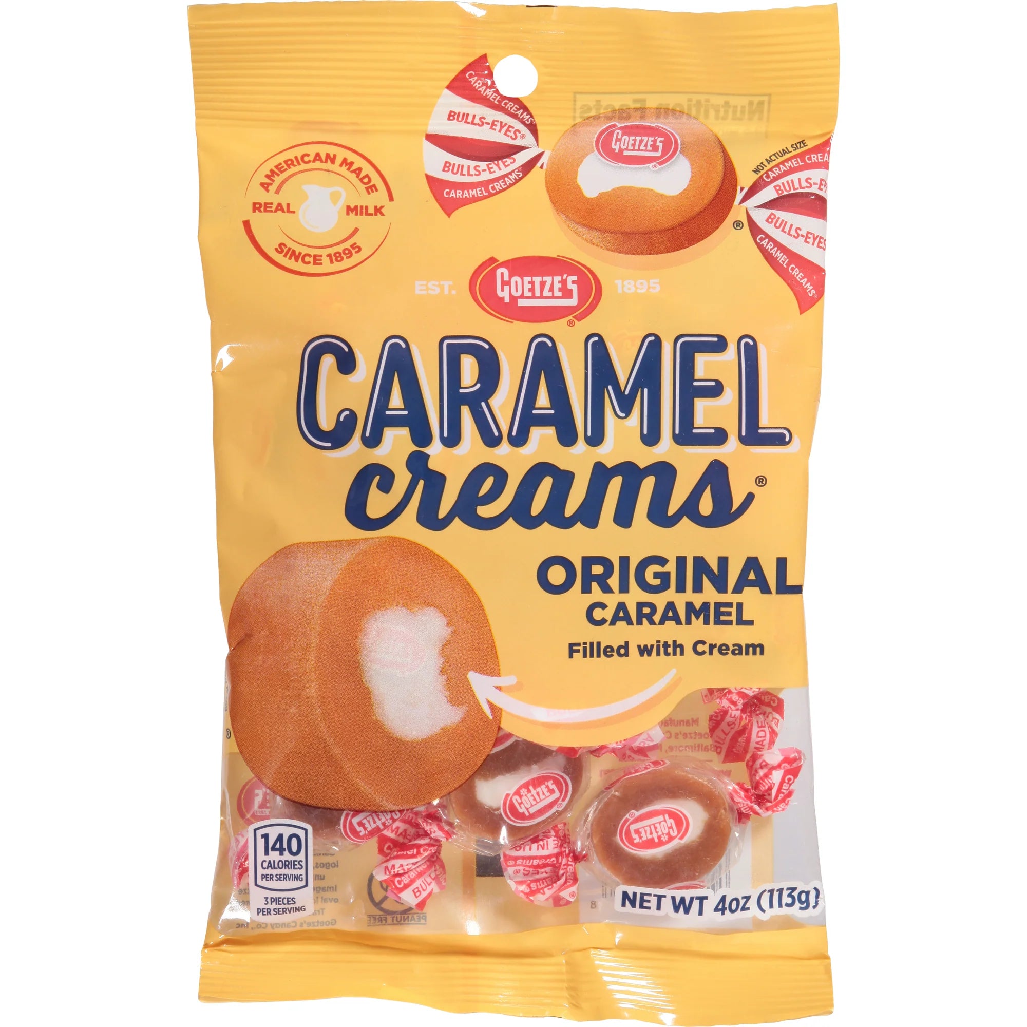 Front of Goetze's Original Caramel Creams bag showing yellow packaging, logo, and caramel candies filled with cream (113g pack)