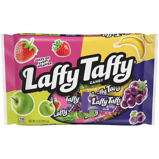 Front of Laffy Taffy Rope Candy bag displaying vibrant colours, with images of strawberry, banana, green apple, and grape flavours (340g pack)