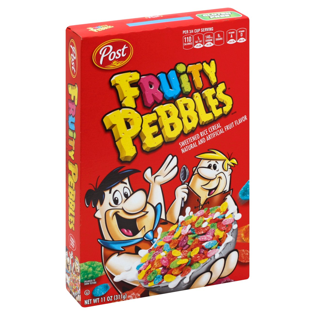 Front of Post Fruity Pebbles Cereal box featuring vibrant fruity colours, logo, and a bowl of cereal with the pack size of 311g