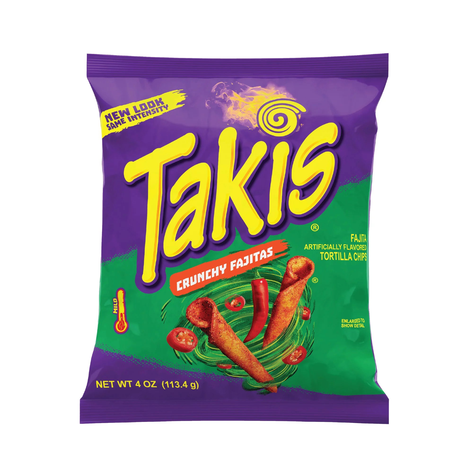 Front of Takis Crunchy Fajitas bag showcasing the bold yellow logo, fajita flavour label, and colourful rolled tortilla chips (92.3g pack)