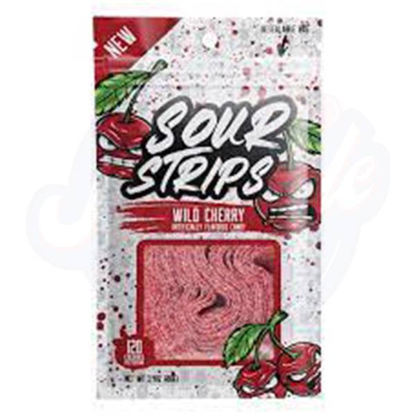 Front of Sour Strips Wild Cherry bag featuring bold logo, cherry graphics, and vibrant design (96g pack)