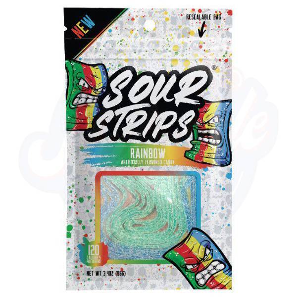 Front of Sour Strips Rainbow Candy bag featuring bold logo, vibrant rainbow design, and 96g pack size with artistic candy strips.