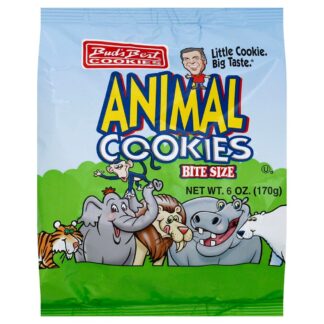 Front of Buds Best Bite Size Animal Cookies packet showing bright blue packaging with animal shapes and 170g weight.