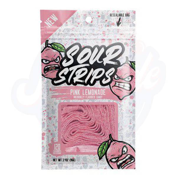Front of a Sour Strips Pink Lemonade bag featuring bold logo, pink lemonade flavour, and candy strips (96g pack)