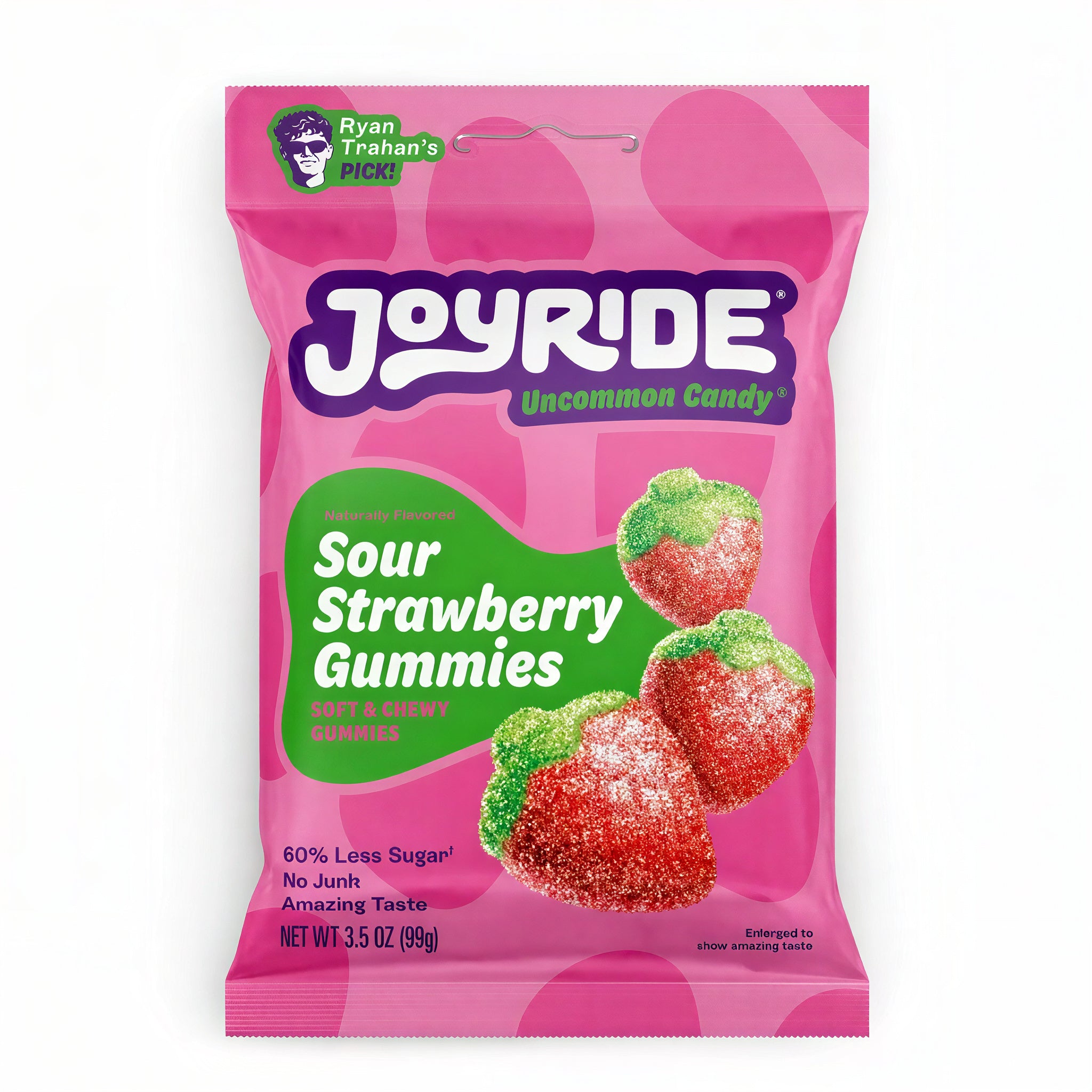 Front of Joyride Sour Strawberry Gummies bag featuring vibrant pink packaging, a green label, and images of strawberry-shaped gummies (99g)