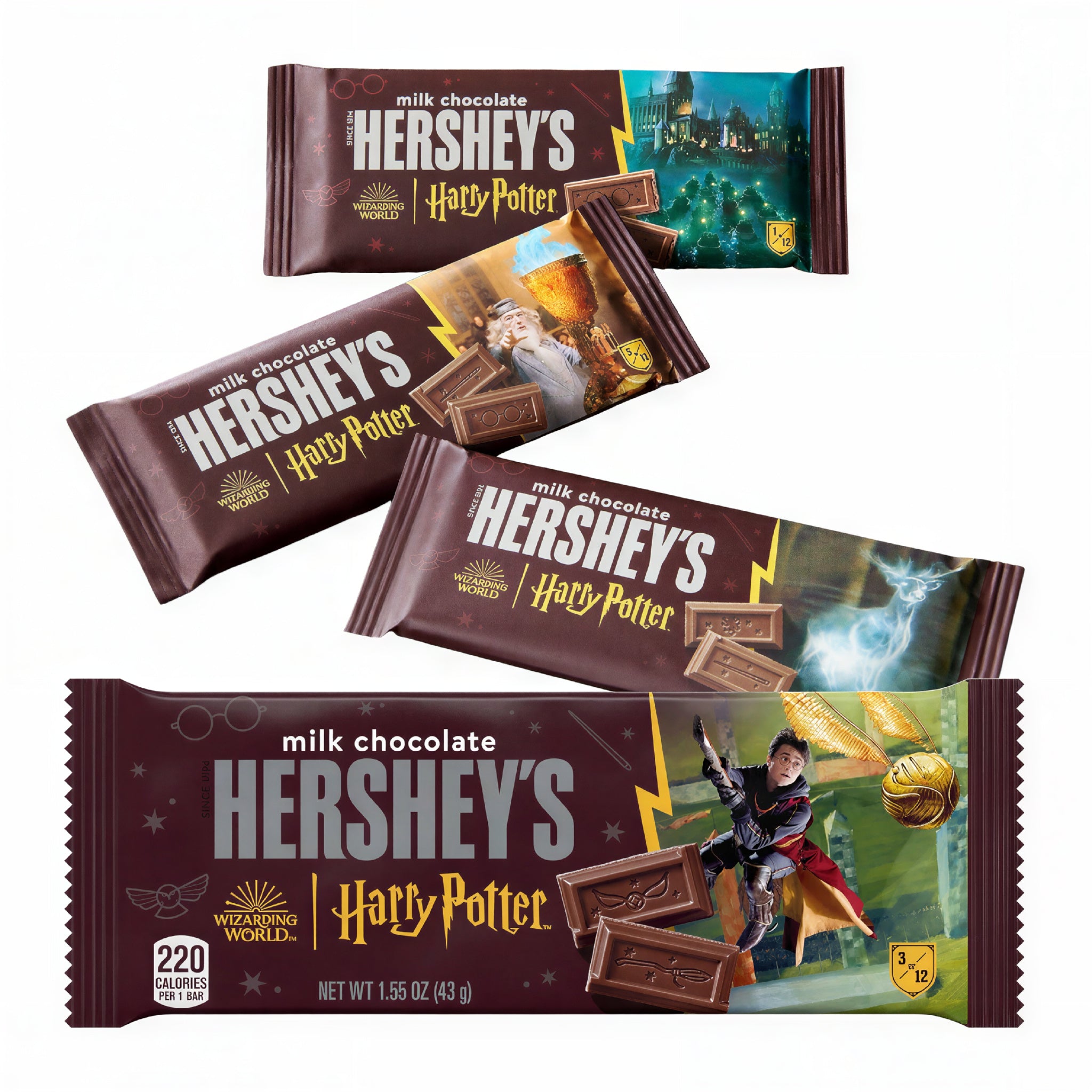 Four milk chocolate Hershey's bars with Harry Potter themed wrappers, arranged on a plain white background. The wrappers feature dark brown tones with colorful fantasy artwork including characters and magical elements.