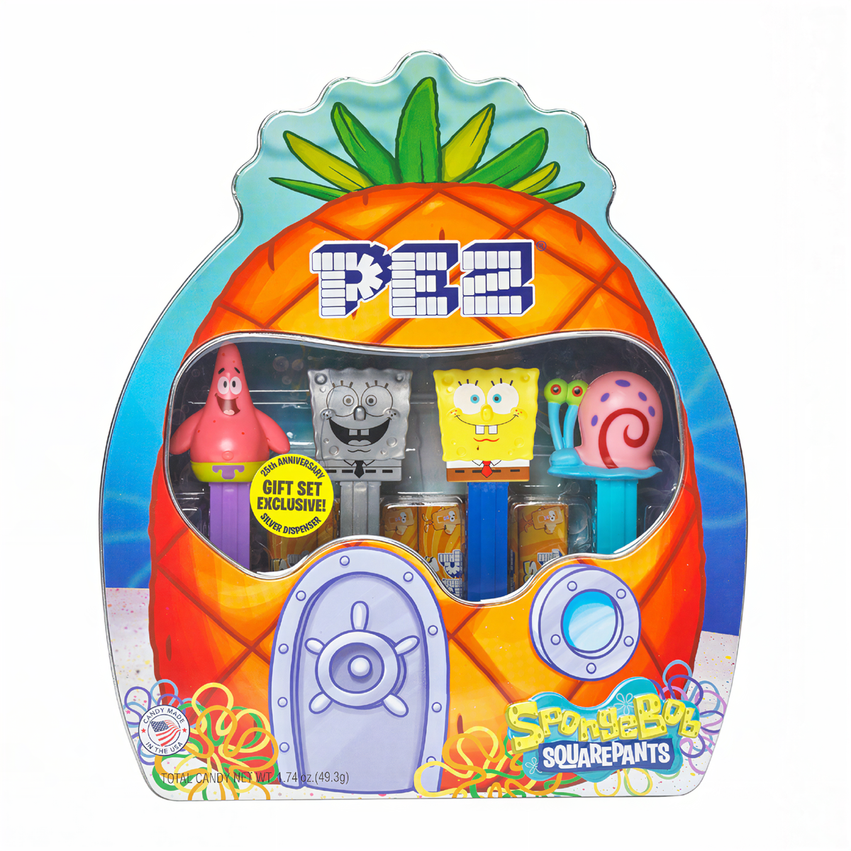 Front of PEZ SpongeBob Squarepants 25th Anniversary Collectors Gift Tin featuring SpongeBob, Patrick, and Gary dispensers in a colourful tin design.