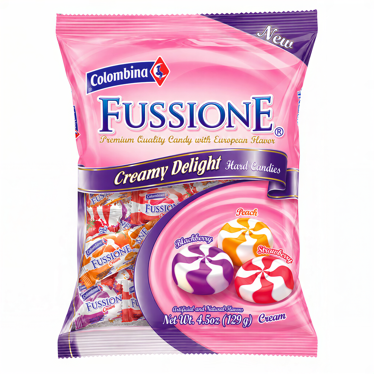 A package of Fussionè Creamy Delight hard candies by Colombia, featuring a pink and purple wrapper with illustrations of strawberry, raspberry, and peach candies.
