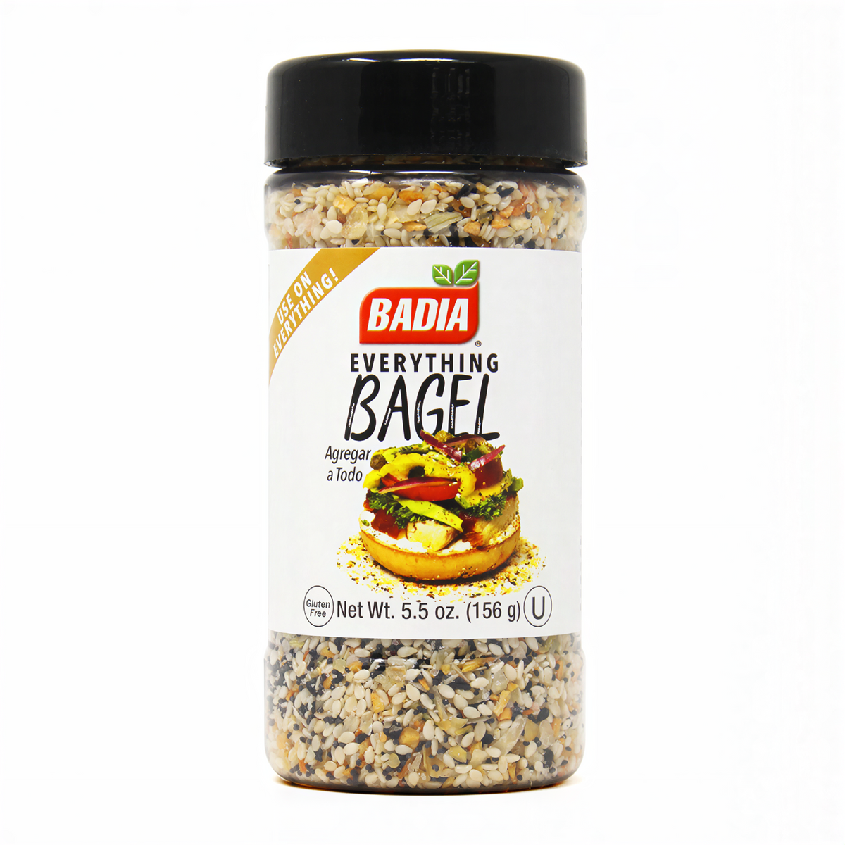 Front of Badia Everything Bagel Seasoning jar showing the brand logo, product name, and 156g pack size with a visual of bagel toppings.