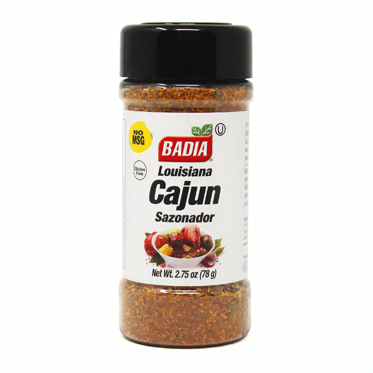 Front of Badia Louisiana Cajun Seasoning jar showing brand name, product title, and pack size (78g) with vibrant spice imagery.