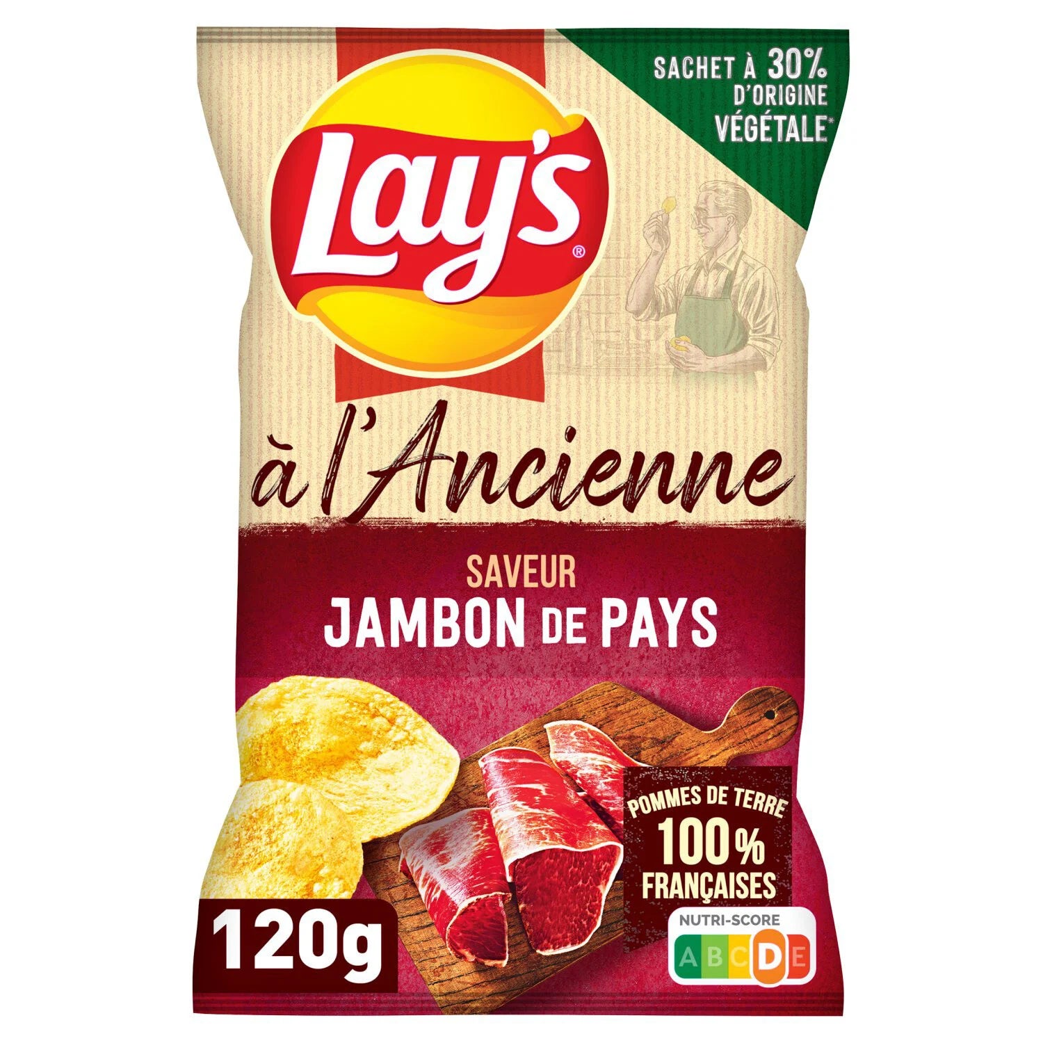 Front of Lay's Old Fashioned Jambon (120g) bag featuring the Lay's logo and vibrant imagery of ham-flavoured crisps.