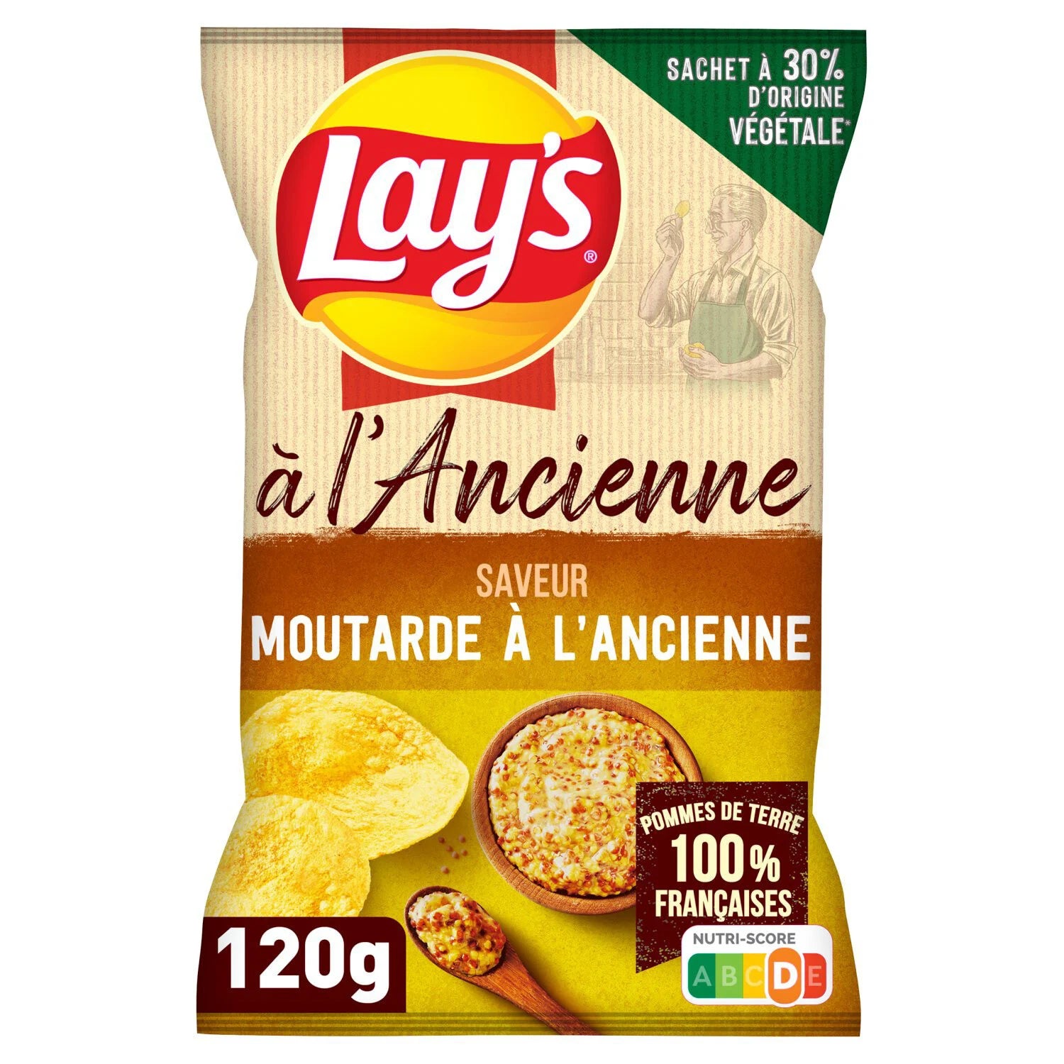 Front of Lay's Old Fashioned Mustard (120g) bag showing logo, mustard flavour descriptor, and image of crisps and mustard in a bowl.