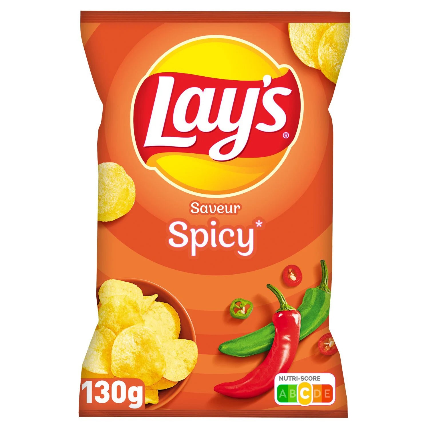 Front of Lay's Spicy Green & Red Chilli (75g) bag showing bold Lay's logo with an orange background, spicy chillies, and potato crisps.