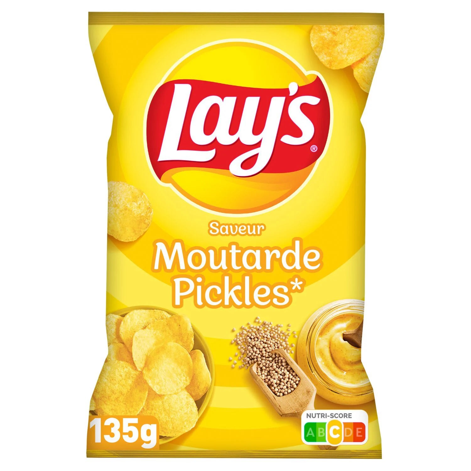 Front of Lay's Mustard bag showing yellow packaging, brand logo, crispy chips, and mustard imagery (135g pack)