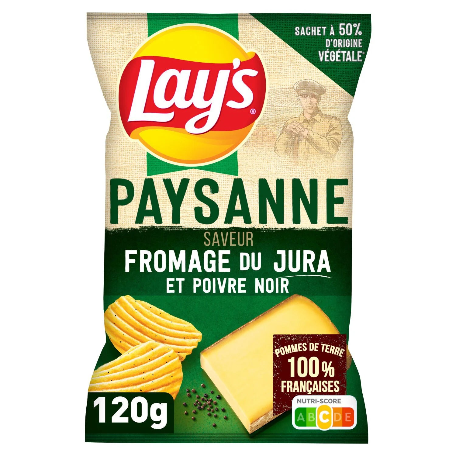 Front of Lay's Cheese & Black Pepper bag showing logo, cheese and black pepper imagery, and 120g pack size