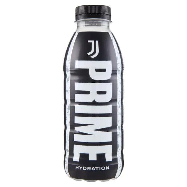 Front of Prime Hydration FC Juventus bottle featuring bold logo and hydration label (500ml pack)