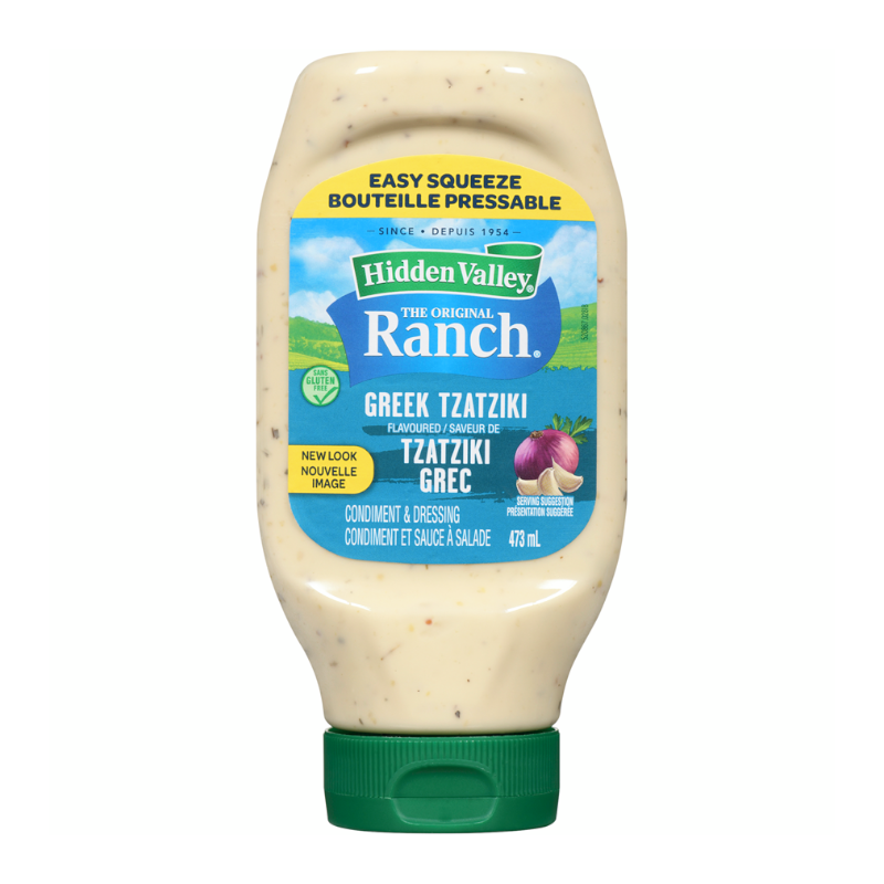 Hidden Valley Greek Tzatziki Ranch dressing bottle on a white background