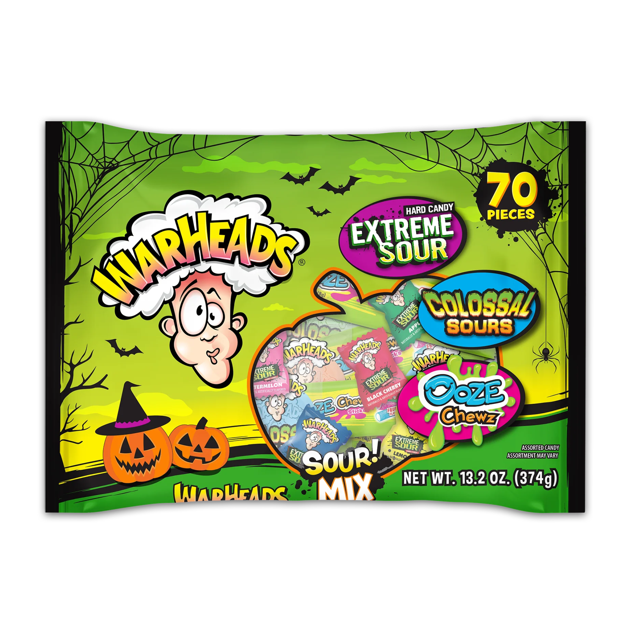 Front of Warheads Halloween Sour Mix Candy Bag showing the logo, assorted candy types, and quantity of 70 pieces (374g)