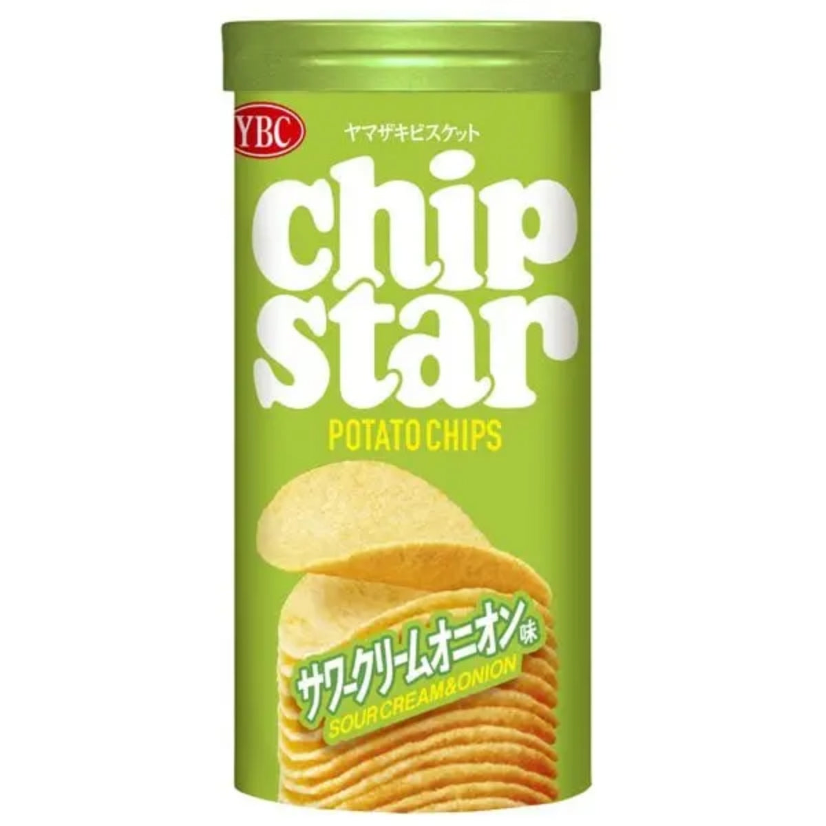 Front of YBC Chip Star Potato Chips Sour Cream & Onion (45g) tube showing the green packaging with logo and visuals of potato chips.