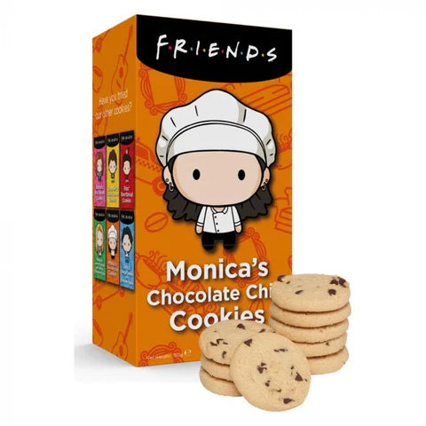 Front of Friends Monica's Chocolate Chip Cookies box featuring an illustration of a character in a chef hat, with the product name and 150g pack size.