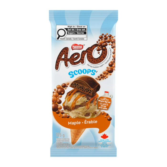 Front of Aero Scoops Maple Bar packaging showcasing Aero logo, maple flavour label, and image of chocolate-coated ice cream (105g pack)