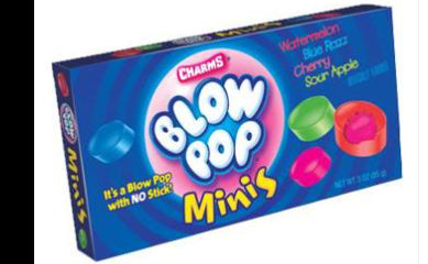 Front of Charms Blow Pop Minis box showcasing the colourful logo, assorted flavours of Watermelon, Blue Razz, Cherry, and Sour Apple, and 99g pack size.