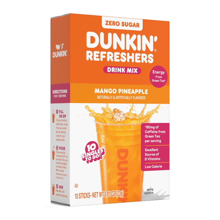 Front of Dunkin' Refreshers Mango Pineapple drink mix box showing logo, vibrant orange drink, and details on zero sugar and green tea energy (23g pack)