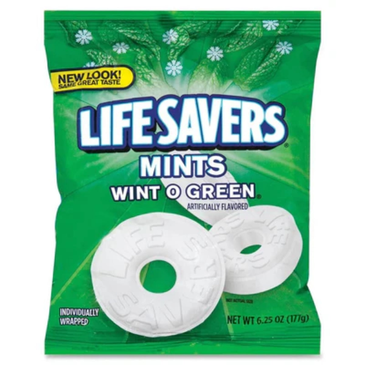 Front of Life Savers Wint o Green pack showcasing green packaging with logo, featuring white mint candies (177g pack)