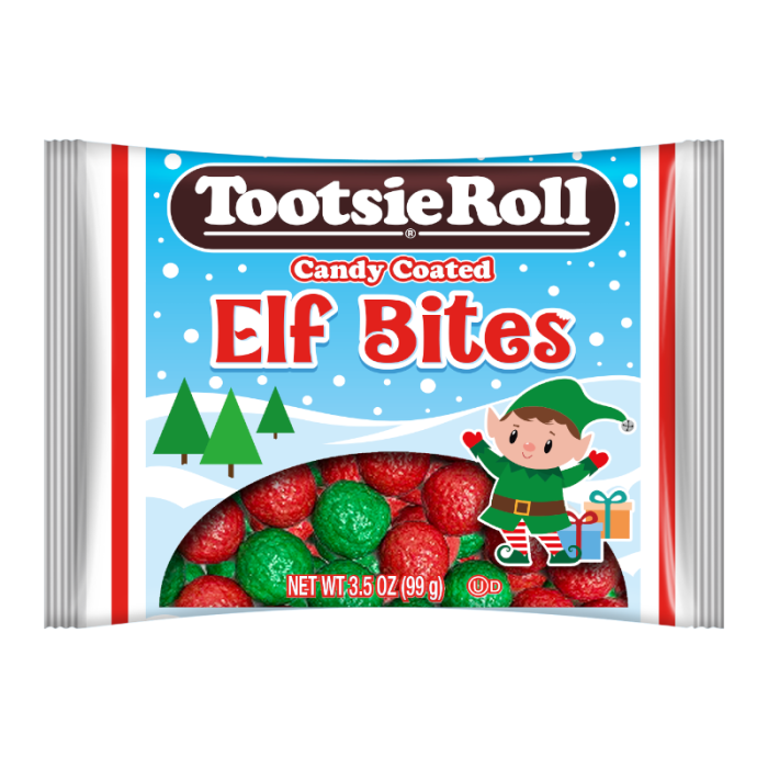 Front of a bag of Tootsie Roll Elf Bites featuring candy-coated red and green bites, with a festive design and 99g label.