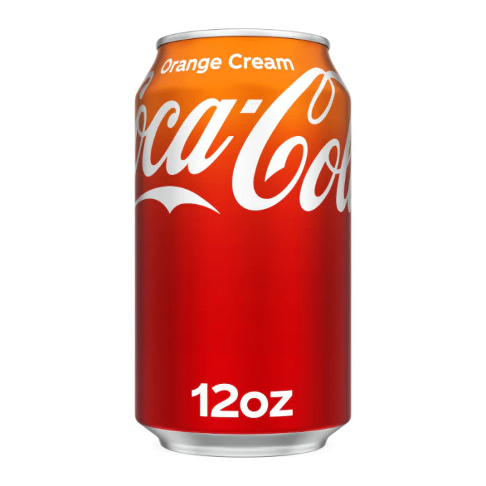 Front of Coca Cola Orange Cream can featuring bright orange and red design with logo and flavour label (355ml can)