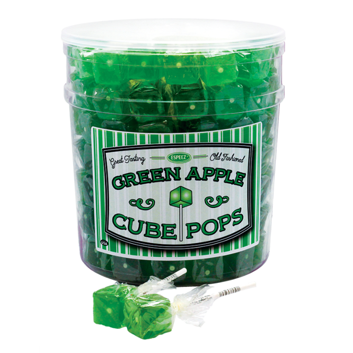 Front of Espeez Green Apple Cube Pops container showing vibrant green cube pops, logo, and flavour details (21g)