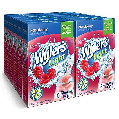 Front of Wyler's Raspberry Singles To Go packaging showing Wyler's logo, raspberry flavour, and 12 pack detail (139.2g total)