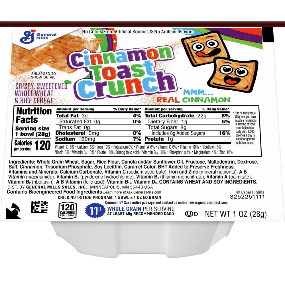 Front of Cinnamon Toast Crunch Cereal Cup showing logo, cereal design, and details about 28g size with real cinnamon flavour.