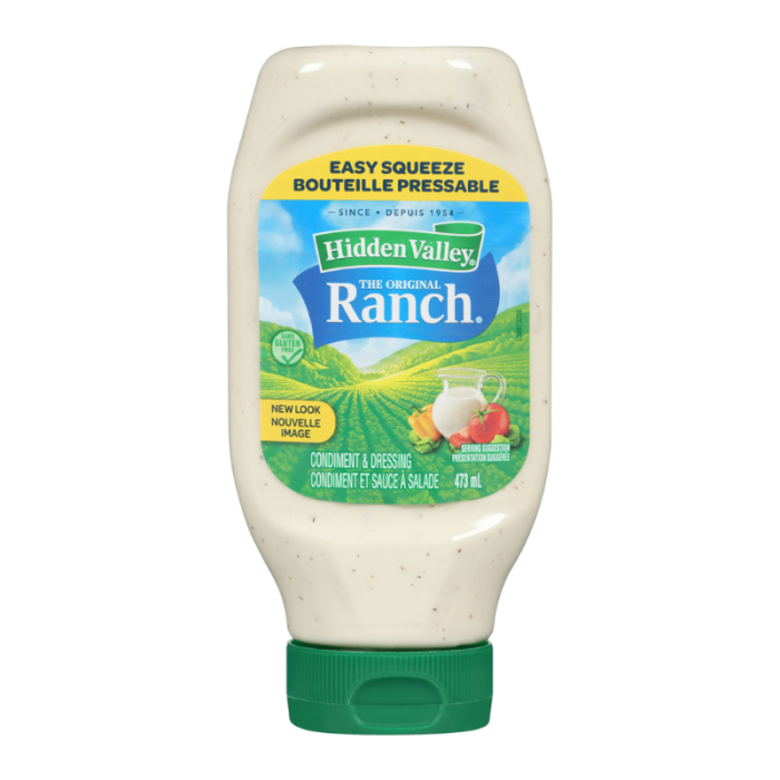 Front of Hidden Valley Original Ranch Dressing bottle featuring the logo, countryside imagery, and 473ml size label.