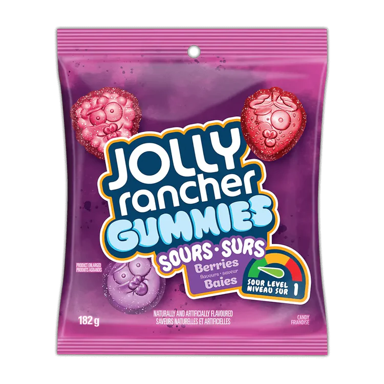 Front of Jolly Rancher Gummies Sours Berries bag showing the logo, colourful gummy shapes, and a 182g pack size.