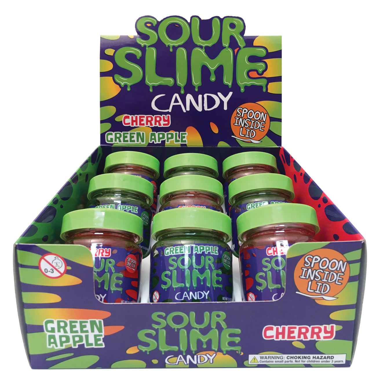 Front of Boston America Sour Slime Candy jar displaying vibrant cherry and green apple flavours with a fun, colourful design (99g pack)
