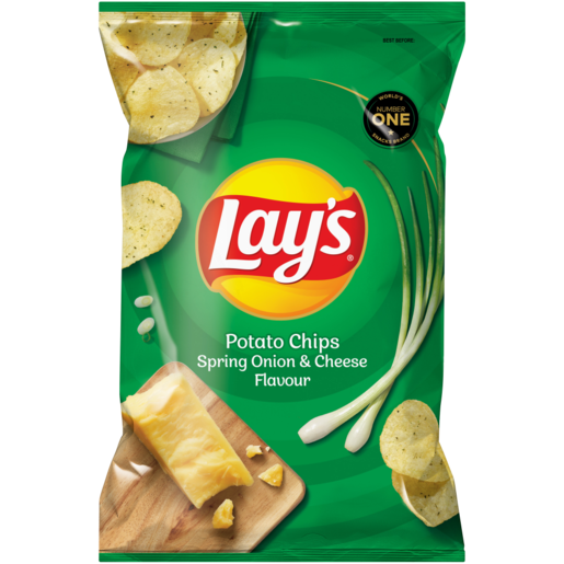 Front of a green bag of Lay's Spring Onion & Cheese potato chips showing logo, spring onion garnish, and cheese slice (105g pack)