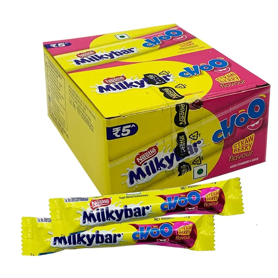 Front of Milkybar Choo Strawberry pack showing brand logo, pink and yellow packaging, and strawberry flavour label (28 pack with 11g sticks)