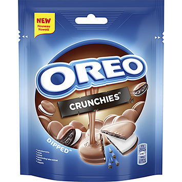 Front of Oreo Dipped Crunchies pack displaying the Oreo logo, dipped cookies, and crunchy texture (110g pack)