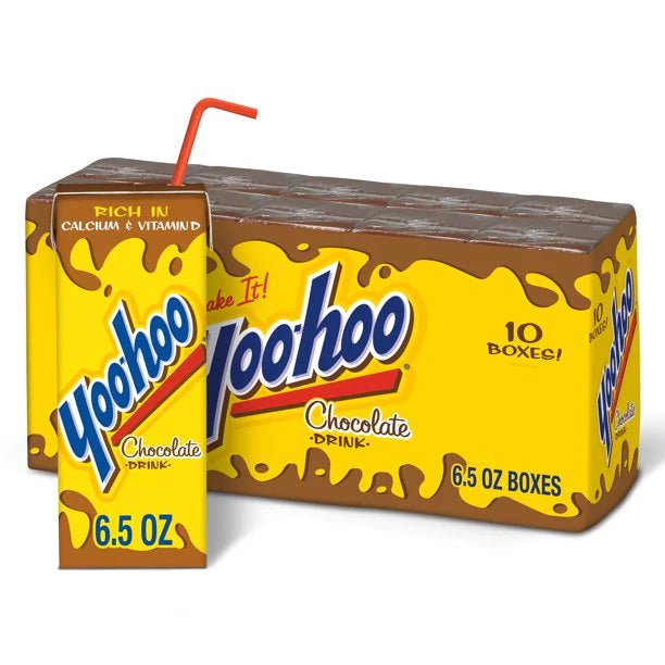 Front of Yoo-hoo Chocolate Drink Box showing bold yellow and brown packaging, chocolate drink label, and 10 x 192ml boxes
